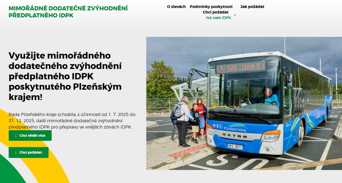 Využijte mimořádného dodatečného zvýhodnění předplatného IDPK, které schválil Plzeňský kraj. Toto zvýhodnění bude platné od 1. července 2025 a týká se přepravy ve vnějších zónách IDPK.