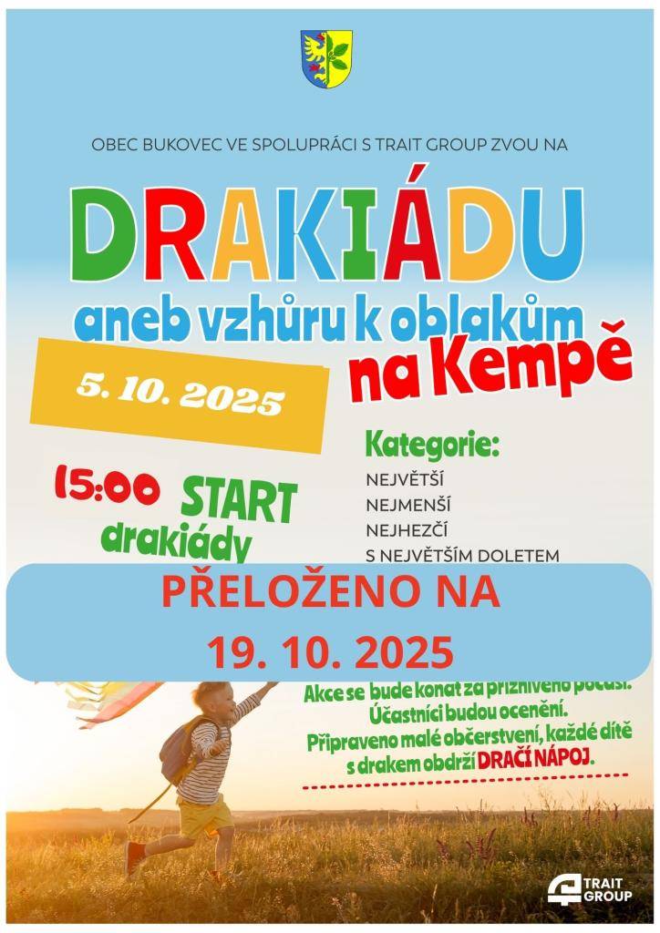 Z důvodu nepříznivé předpovědi počasí je drakiáda přeložena na neděli 19. 10. 2025.  Více viz plakát.
