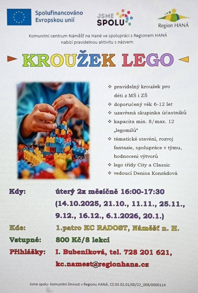 Komunitní centrum Náměšť na Hané s Regionem HANÁ pořádá pravidelný kroužek LEGO, který je určen pro děti ve věku 6 až 12 let. Kroužek se uskuteční dvakrát měsíčně v úterý, počínaje 14. října 2025. Děti se mohou těšit na zábavné a kreativní stavění, které rozvíjí jejich fantazii a týmovou spolupráci.