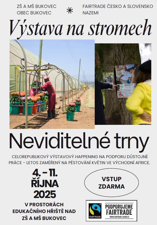 Výstava na stromech proběhne od 4. do 11. října 2025 v prostorách Edukačního hřiště nad ZŠ a MŠ Bukovec. Jedná se o venkovní výstavu přístupnou zdarma, kam se může přijít podívat kdokoliv z našich občanů i návštěvníků.  Více viz plakát.