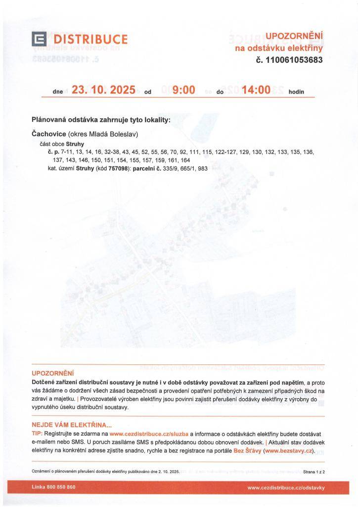 V části obce Struhy dojde k přerušení dodávky elektřiny dne 23.10.2025 v čase od 9:00 do 14:00 - viz přiložená mapa.