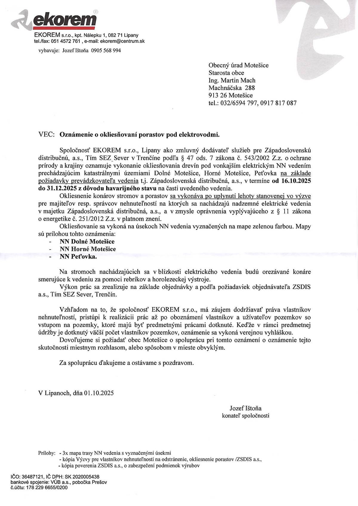 Oznámenie o okliesňovaní porastov pod elektrovodmi