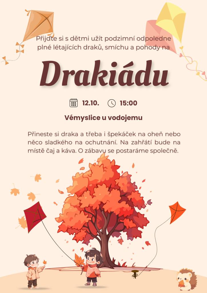 Přijďte si užít podzimní Drakiádu, která se koná 12. října 2025 od 15:00 u vodojemu ve Vémyslicích. Přineste si draka a něco k jídlu na opékání nebo sladkého na mlsání.