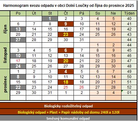 Od 9. 10. 2025 dochází v obci Dolní Loučky ke změně harmonogramu svozu tříděného a komunálního odpadu.