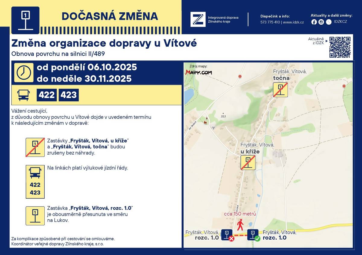 Ve dnech od 6. října do 30. listopadu 2025 dojde ke změně organizace dopravy u Vítové z důvodu obnovy povrchu na silnici II/489. Více informací ZDE