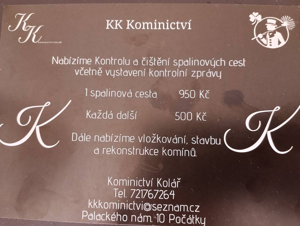 KK Kominictví Kolář nabízí pravidelnou kontrolu a čištění spalinových cest od tuhých i plynných paliv.