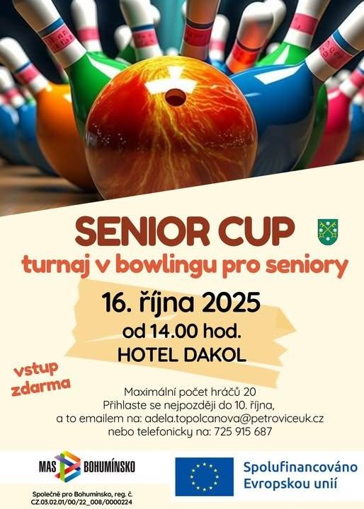 Srdečně zveme všechny aktivní seniory na bowlingový turnaj, který se uskuteční 16. října 2025 od 14:00 hod. v Hotelu Dakol. Vstup je ZDARMA.   Maximální počet hráčů je 20. Přihlaste se nejpozději do 10. října na e-mail: adela.topolcanova@petroviceuk.cz  nebo na tel. č.: 725 915 687       Přijďte si užít odpoledne plné zábavy, pohybu a přátelské atmosféry!