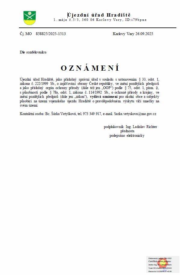 Oznámení o výskytu vlčí smečky