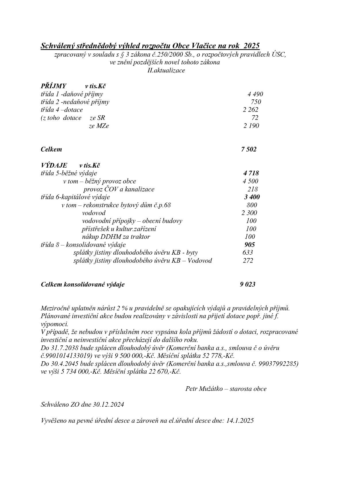 Schválený střednědobý výhled rozpočtu Obce Vlačice na rok 2025