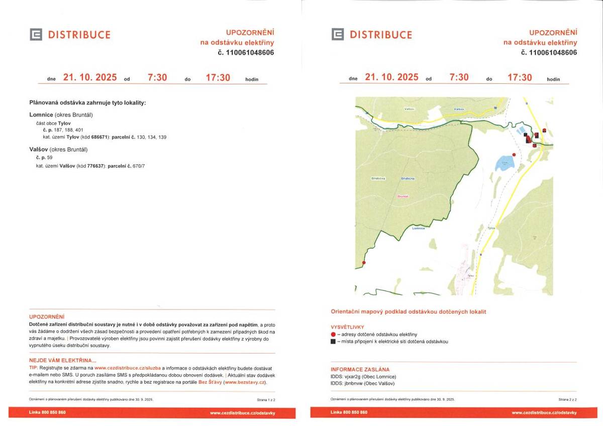 Plánovaná odstávka elektřiny se uskuteční dne 21. října 2025 od 7:30 do 17:30 hodin v obcích Lomnice a Valšov. Dotčená lokalita zahrnuje část obce Tylov č.p. 187, 188 a 401.