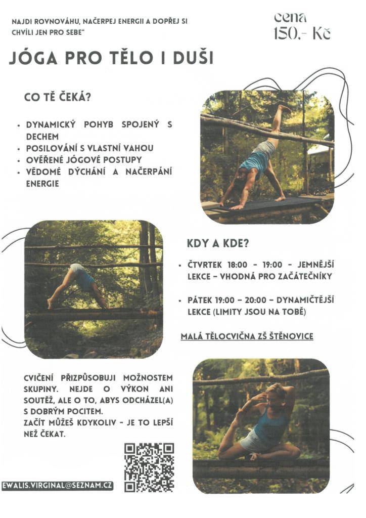 Pozvánka na cvičení jógy.   Podrobnosti naleznete na přiloženém plakátu.