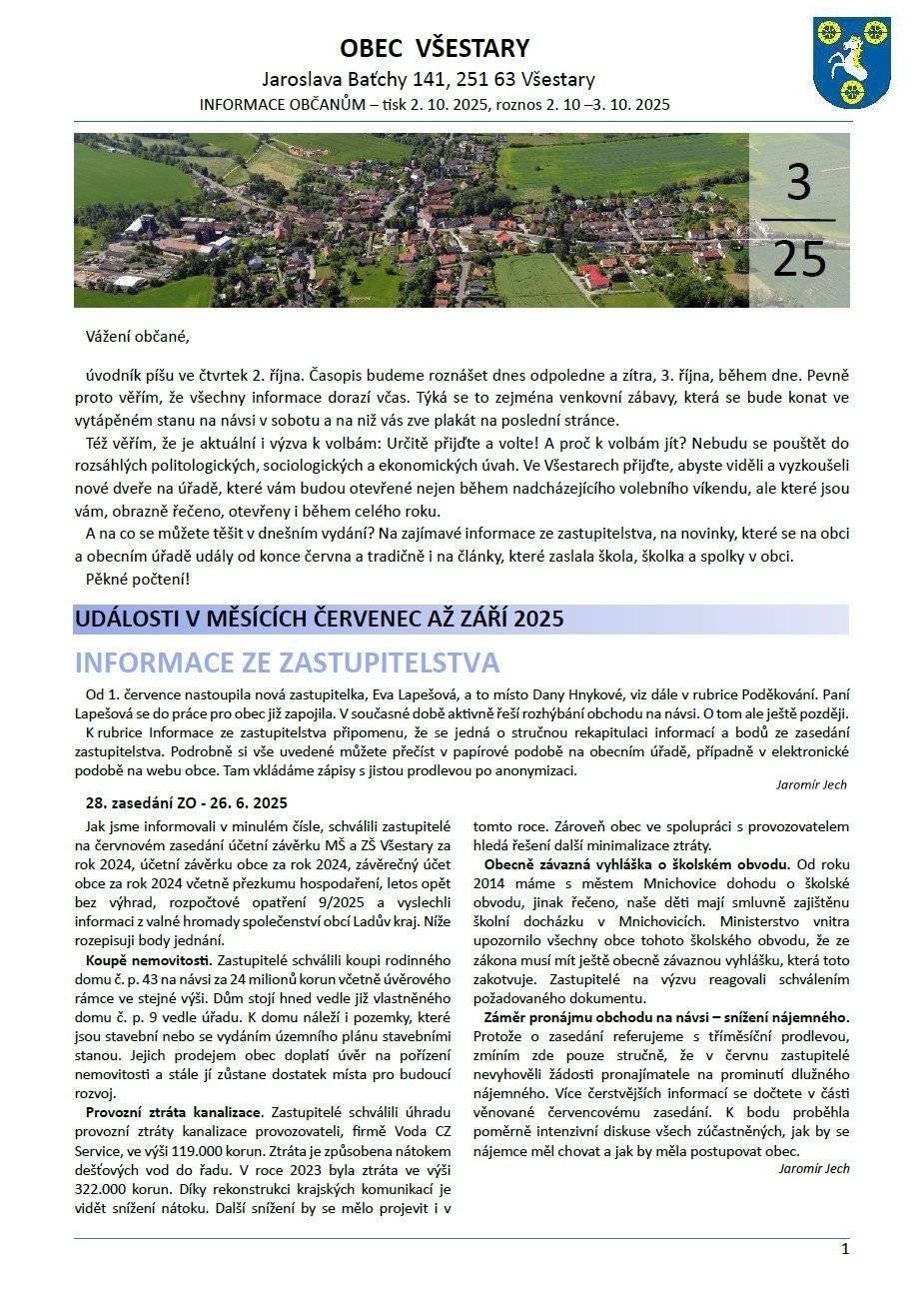 Přinášíme vám nové informace o dění v obci i příspěky spolků. Samozřejmostí jsou i informace o plánovaných akcích. Aktuální číslo naleznete na webových stránkách obce.