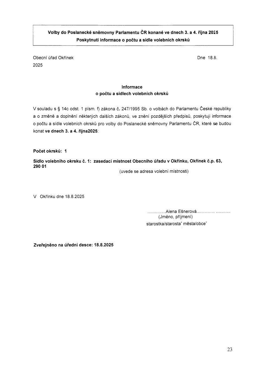 Informace o počtu a sídlech volebních okrsků pro volby PSPČR 2025.