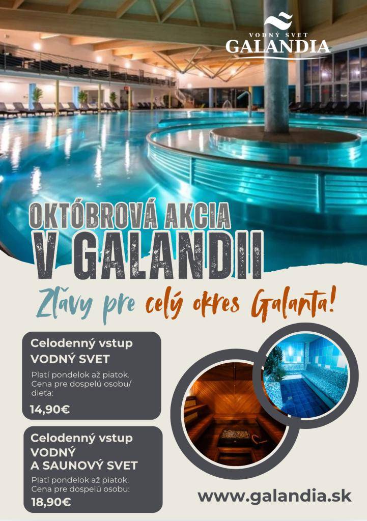 Celodenný vstup do Vodného sveta GALANDIA bude počas celého mesiaca október za cenu LEN 14.90€ pre dospelú osobu a takisto 14,90€ pre dieťa (deti do 4 rokov majú vstup ZDARMA) a celodenný vstup do Vodného + Saunového sveta za cenu 18,90€.
