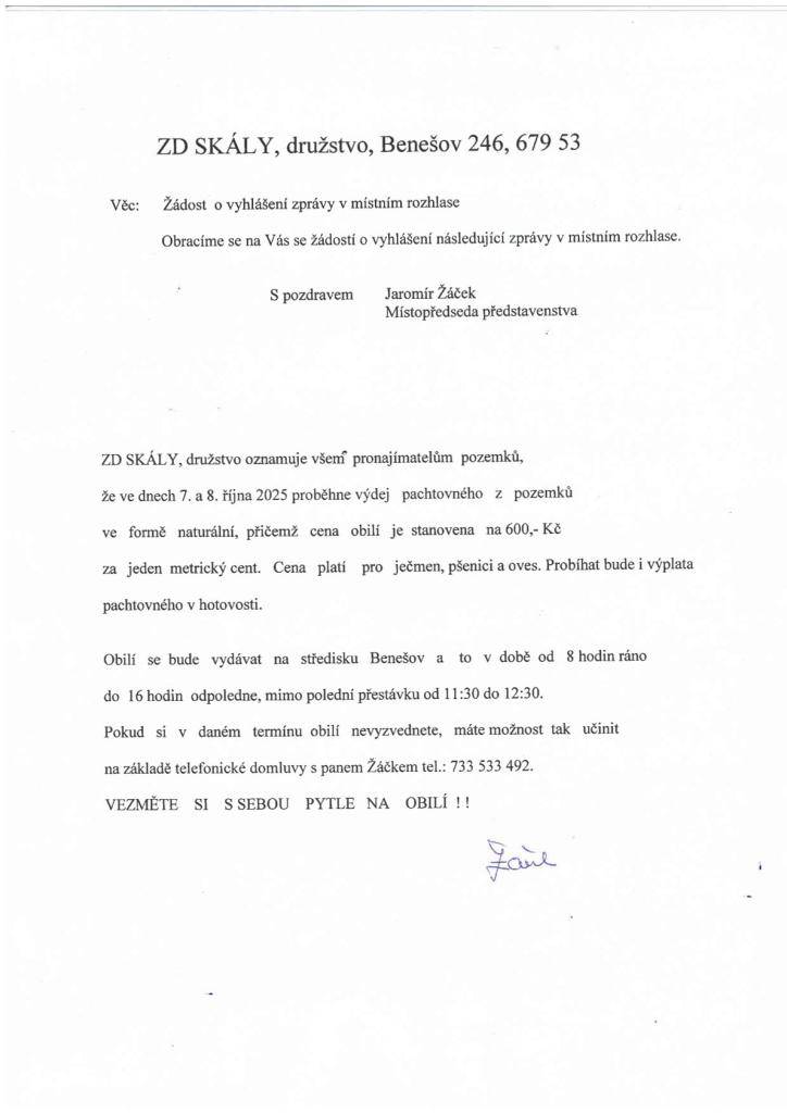 ZD SKÁLY - oznámení