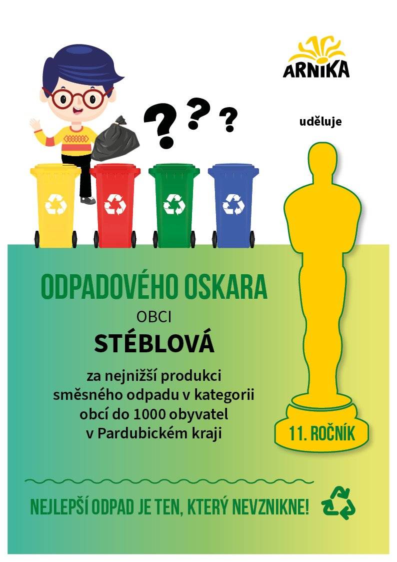 Obec Stéblová se umístila na 1. místě soutěže s nejnižší produkcí směsného komunálního odpadu na obyvatele v Pardubickém kraji a 2. místě celorepublikově! Děkujeme našim občanům za zodpovědné nakládání s odpady. Více informací o soutěži naleznete na těchto odkazech: Výsledky Odpadového Oskara 2025 Odpadový Oskar - 11. ročník