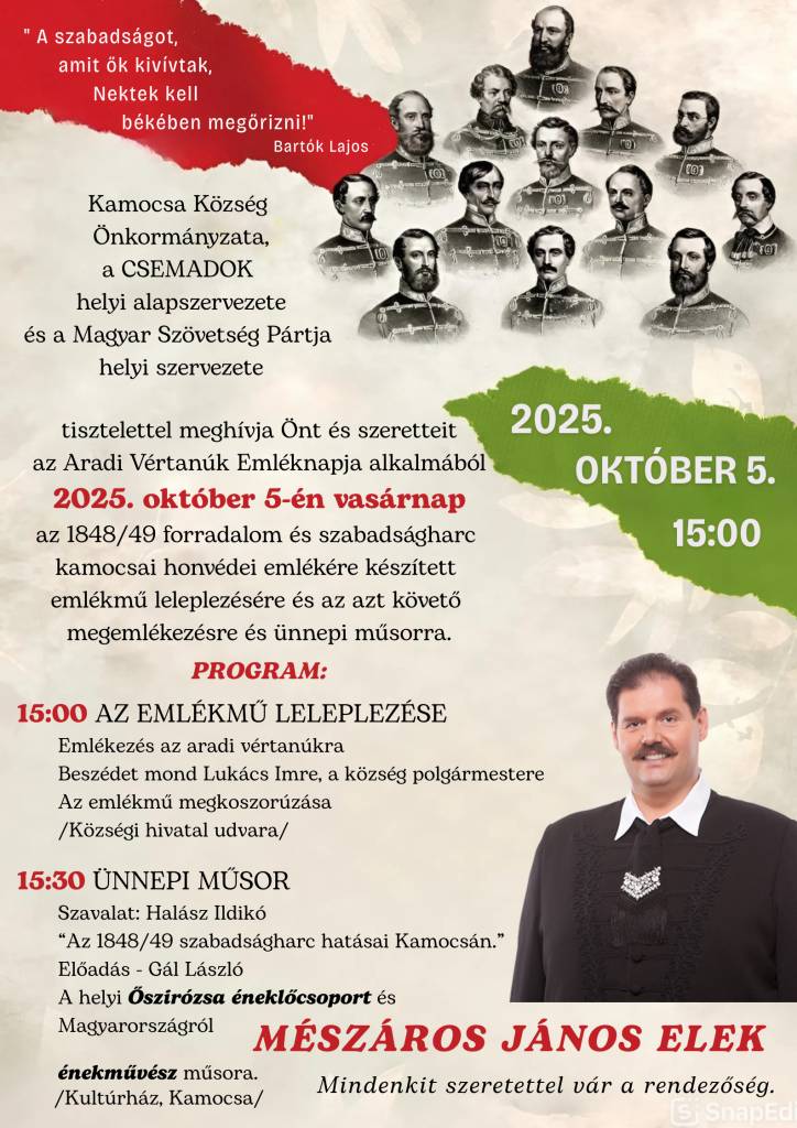 Obec Komoča, MO CSEMADOK-u a Strana Maďarskej Aliancie srdečne pozýva každého 5.októbra 2025 so začiatkom o 15.00 hod. na spomienkovú slávnosť do dvora Obecného úradu a o 15.30 na slávnostný program do Kultúrneho domu v Komoči.