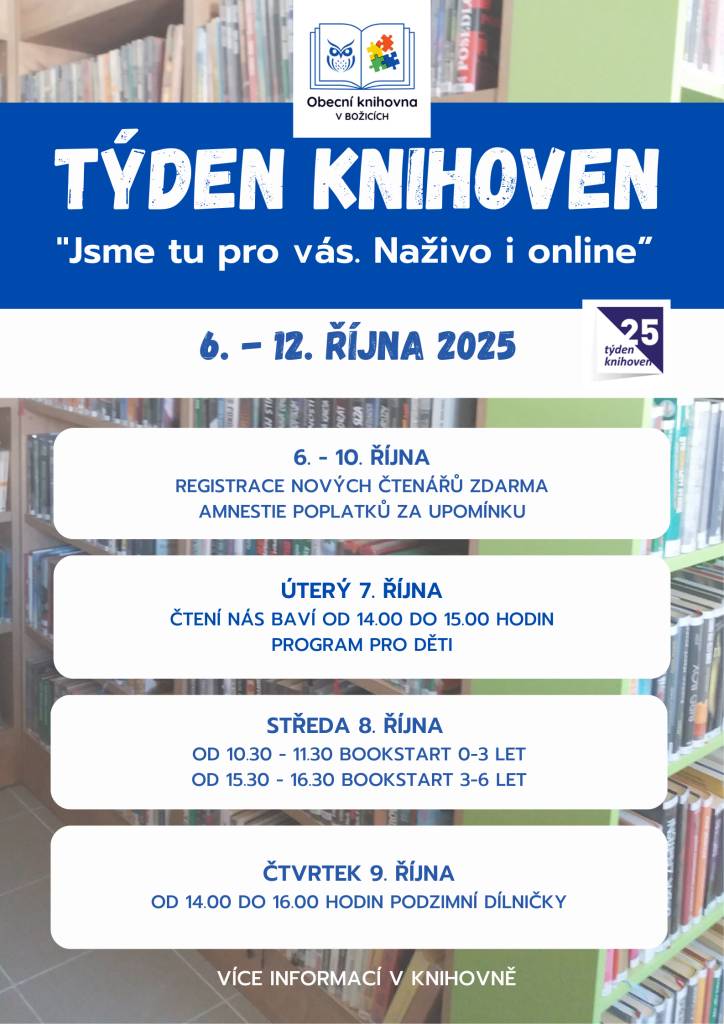 Letos proběhne Týden knihoven ve dnech 6. – 12. 10. 2025. Jedná se o již 29. ročník a letošní ročník se nese v duchu propagace národních služeb, přístupu ke knihovnám online a dostupnosti knih kdykoliv a odkudkoliv.
