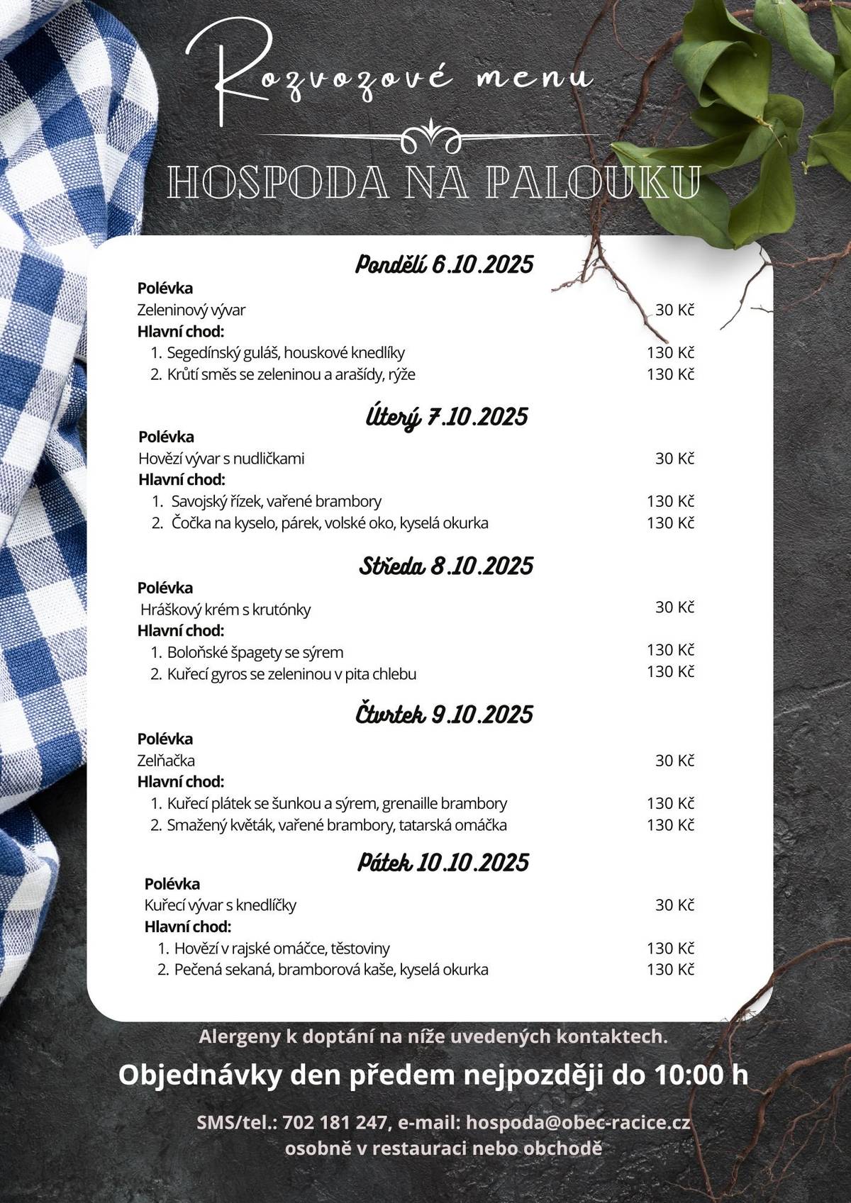 Jídelní lístek - hospoda Na Palouku