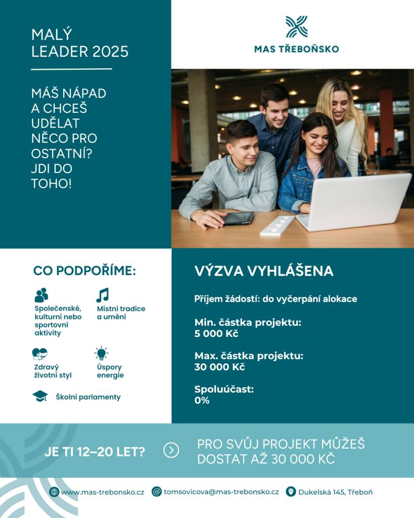 MAS Třeboňsko vyhlašuje výzvu Malý Leader 2025. Program je určen pro mladé lidi ve věku 15–26 let, kteří chtějí realizovat vlastní nápady v regionu Třeboňska. Podpořeny mohou být projekty zaměřené na zlepšení života v obcích, kulturu, sport, životní prostředí nebo komunitní aktivity.