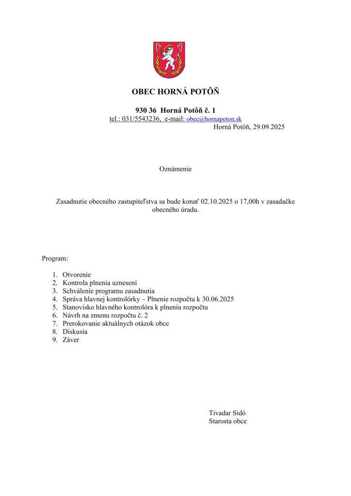 Értesítés - Oznámenie