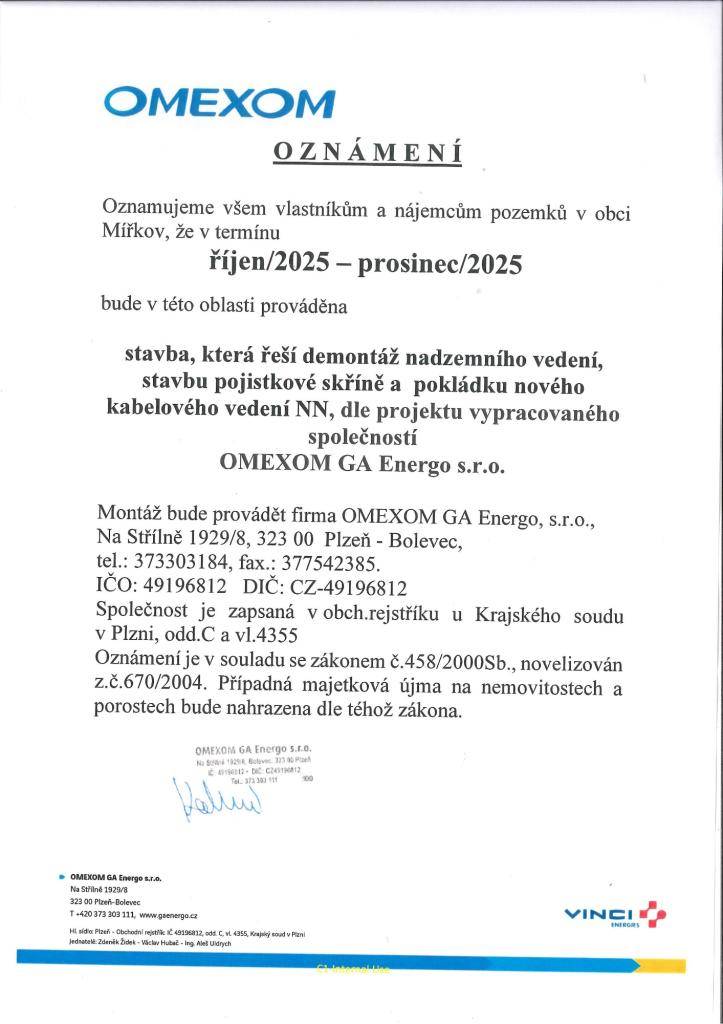 OMEXOM - Oznámení zahájení díla a vstupů na pozemky - "IE-12-0009183, Mířkov č.p. 5