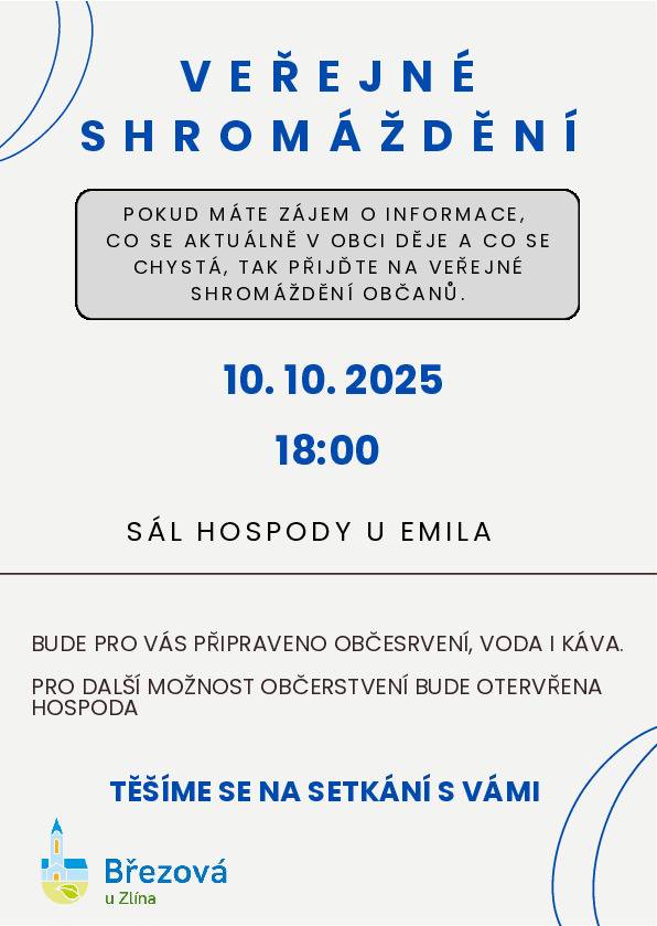 Pokud máte zájem o informace a dění obci, zveme vás na veřejné shromáždění občanů.  📅 10. 10. 2025 🕕 18:00 📍 Sál hospody u Emila