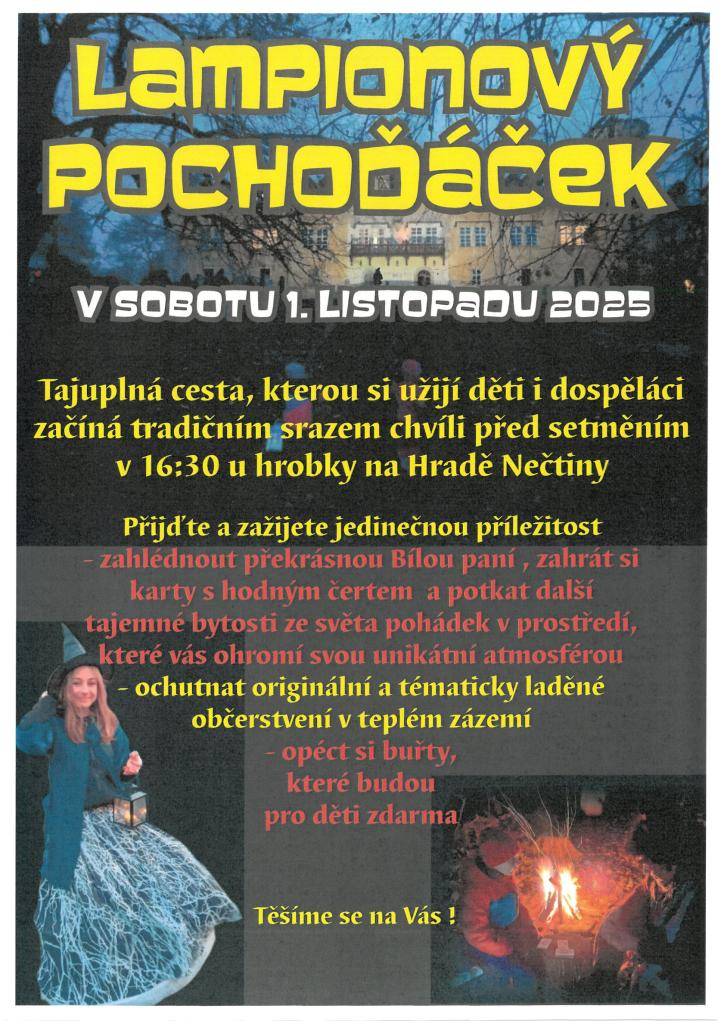 Tradiční sraz na Hradě Nečtiny začíná v sobotu 01.11.2025 v 16:30 u hrobky. Těšit se můžete na originální občerstvení, setkání s pohádkovými bytostmi a opékání buřtů pro mladé lidi zdarma.