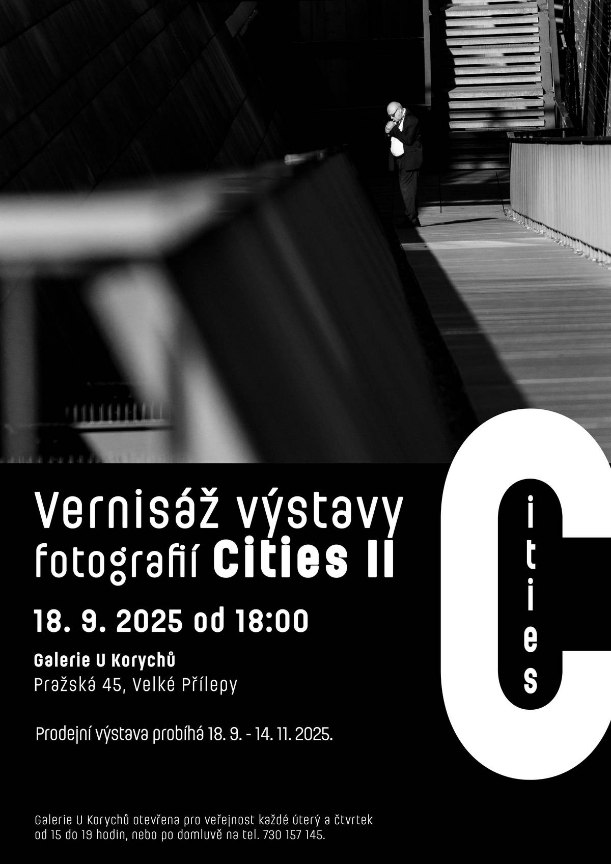 Zveme vás k návštěvě výstavy fotografií Cities II, která je k vidění v Galerii U Korychů do 14. listopadu 2025. Otevírací doba galerie:  úterý: 15:00–19:00 čtvrtek: 15:00–19:00  Výstava představuje města z jiného úhlu pohledu, než je pouze architektura – nabízí osobitý a autentický pohled autorky na městský prostor i jeho atmosféru.