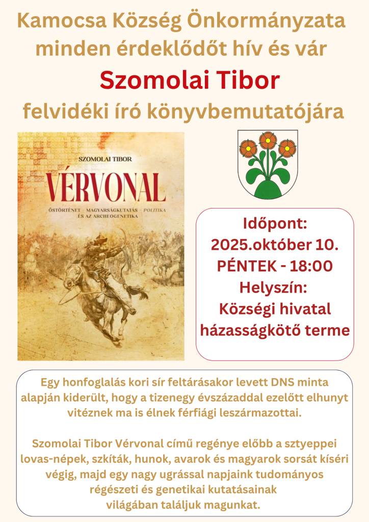 Samospráva Obce Komoča srdečne pozýva a očakáva každého záujemcu na prezentáciu novej knihy spisovateľa Tibora Szomolaiho, ktorá sa uskutoční dňa 10. októbra 2025 v piatok so začiatkom o 18:00-tej hodine v sobášiacej sále Obecného úradu v maďarskom jazyku.