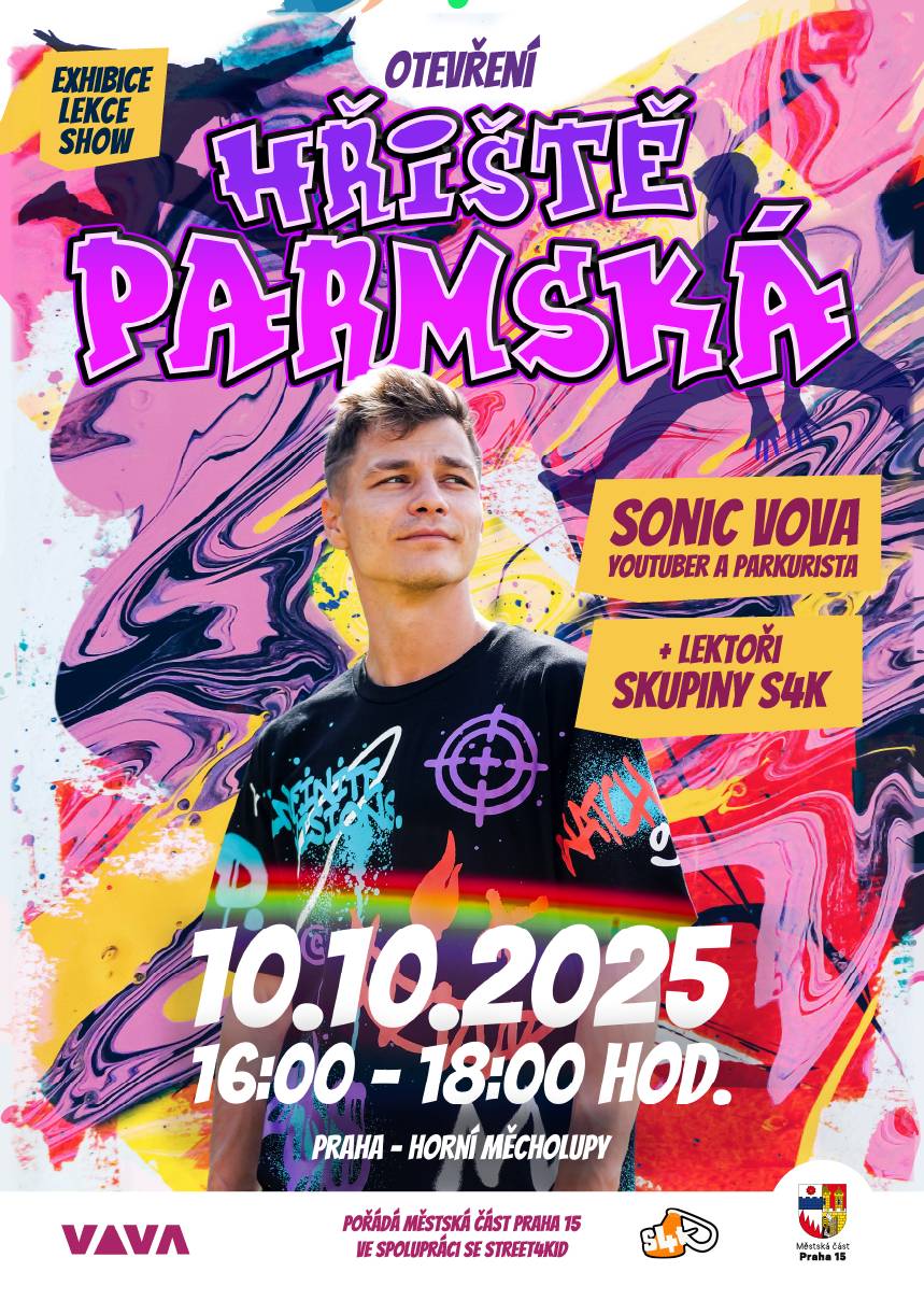 Zveme vás na velkou akci plnou exhibic, show a lekcí s parkuristou a youtuberem Sonicem Vovou a lektory skupiny S4K. 📍 Kde: hřiště Parmská, Horní Měcholupy 📅 Kdy: 10. října 2025, 16:00–18:00 Přijďte si užít odpoledne plné pohybu, adrenalinu a zábavy!