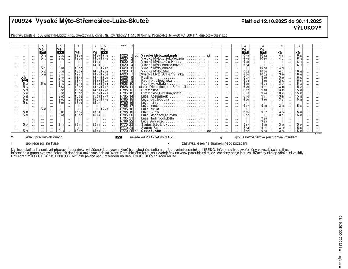 Vážení občané, v souvislosti s dopravní situací způsobenou výstavbou dálnice D35 v okolí Cerekvice nad Loučnou dochází k pravidelnému zpožďování školního autobusu na trase Vysoké Mýto – Litomyšl. Po dohodě s dopravcem bude k mimořádnému termínu změn dne 12. 10. 2025 upraven současný výlukový jízdní řád. Spoj 700921/19 bude nově uspíšen při odjezdu z Vysokého Mýta o 8 minut. Z provozních důvodů bude současně uspíšen i předchozí spoj 700924/4. Jízdní řády přílohou.
