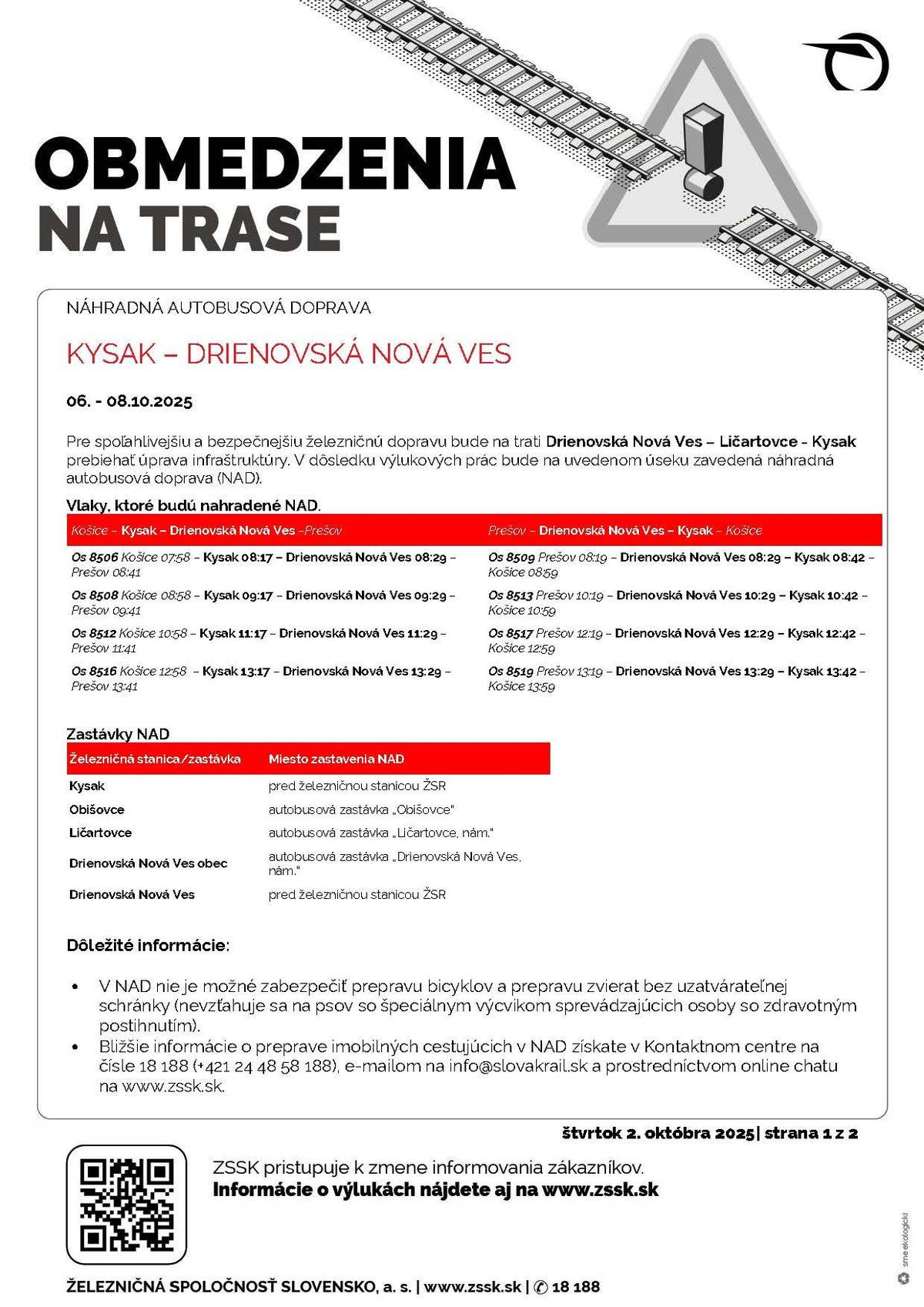 Oznámenie o výlukách:  Kysak - Drienovská Nová Ves, 06. - 08. októbra 2025 Prešov - Kysak, 06. - 08. októbra 2025 Prešov - Drienovská Nová Ves, 10. októbra 2025  Kysak - Prešov, 10. - 11. októbra 2025  Prešov - Drienovská Nová Ves, 11. októbra 2025