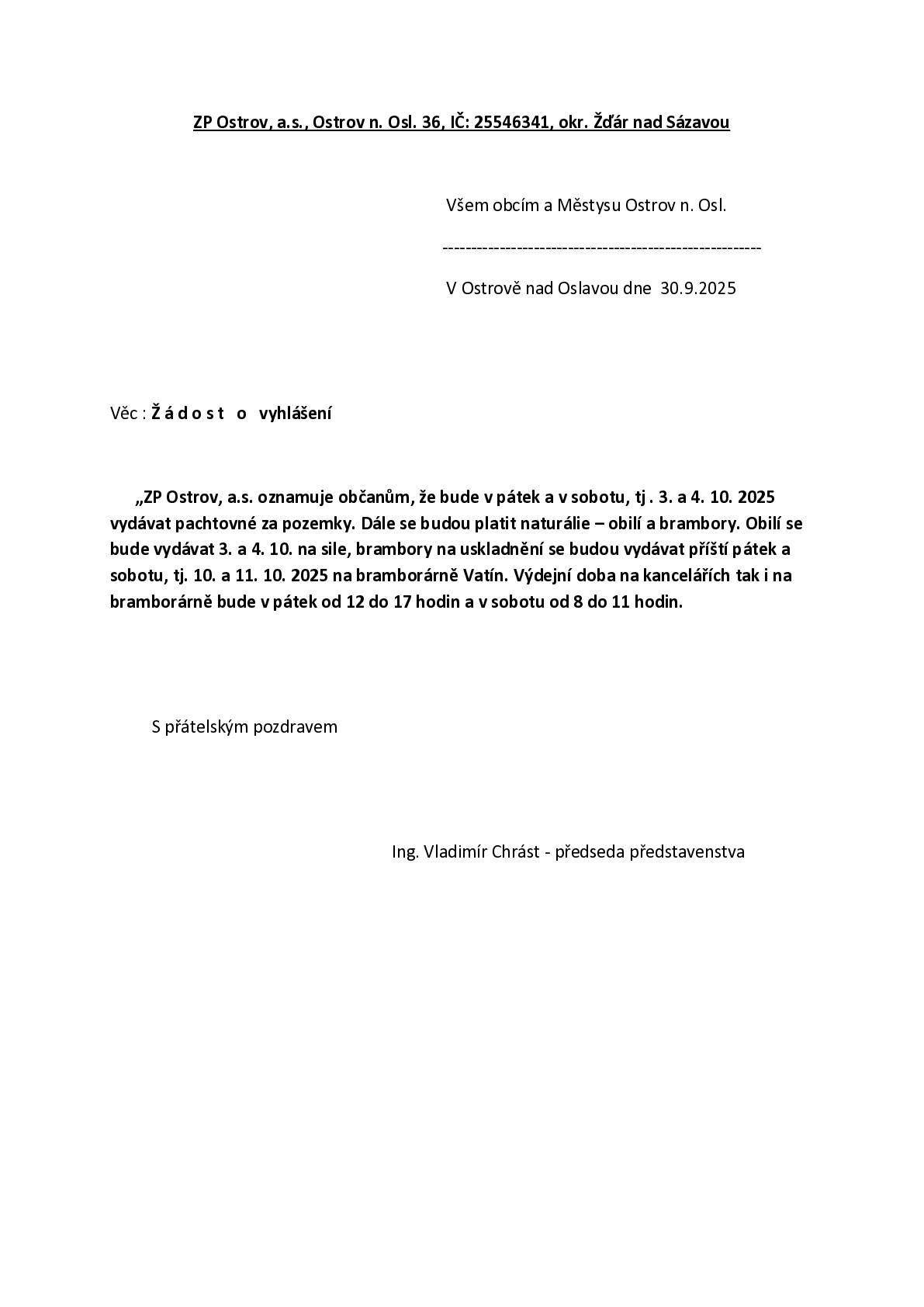 ZP Ostrov, a.s. oznamuje občanům platbu pachtovného a výdej naturálií