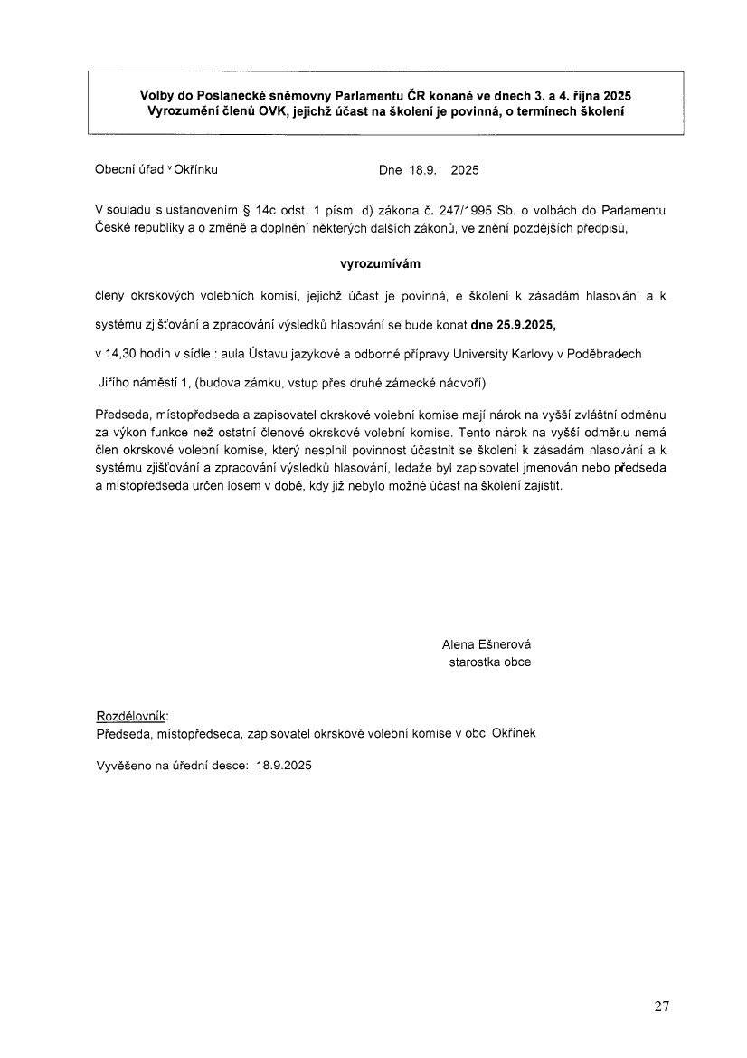 Školení členů okrskových volebních komisí.