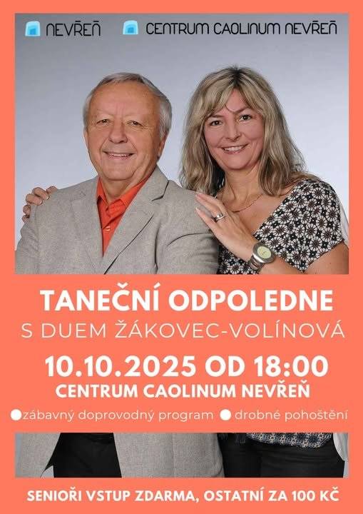 Jako každý rok si Den seniorů zaslouží pořádnou oslavu – a proto zveme všechny, ale opravdu všechny – mladší i o trochu méně mladší – na taneční odpoledne v Centru Caolinum Nevřeň! 👉 K tanci i poslechu zahrají: 🎤 Václav Žákovec a Anna Volínová Těšit se můžete na: ✨ hudbu, tanec i setkání s přáteli ✨ malé pohoštění ✨ zábavný doprovodný program 📅 Pátek 10. 10. 2025 🕕 od 18:00 📍 Centrum Caolinum Nevřeň 💸 Vstupné: 👵👴 Senioři – zdarma (jak jinak!) 🧑 Mladší – symbolických 100 Kč Akci pořádáme ve spolupráci s obcí Nevřeň. 💛 Moc se na vás těšíme – přijďte si užít krásný večer!