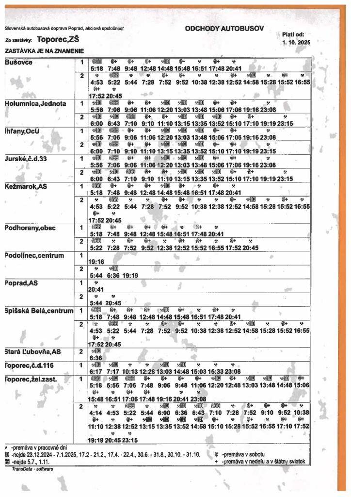 Odchody autobusov platné od 01.10.2025