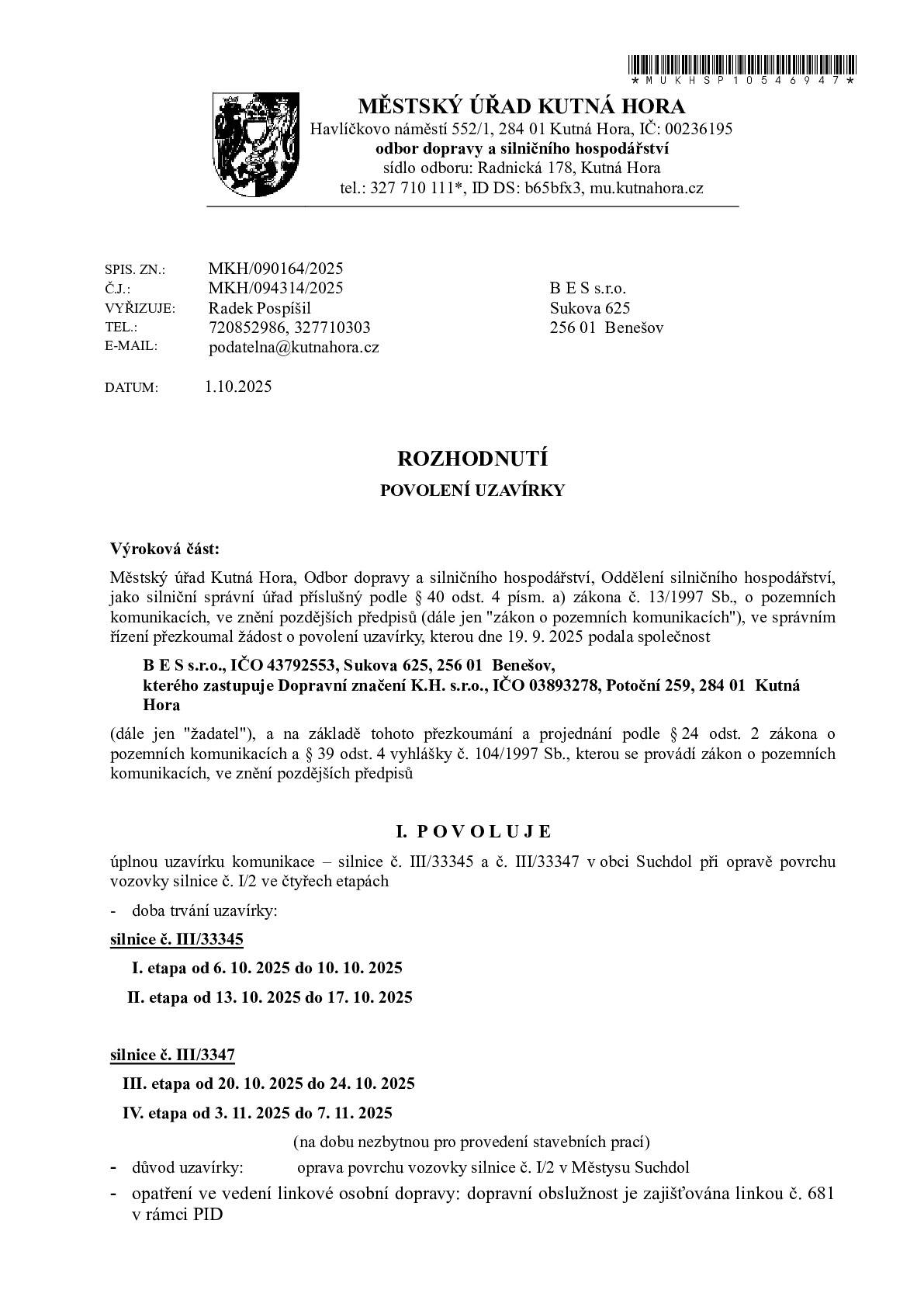 Uzavírka komunikace sil.č.III/33345 a č, III/33347