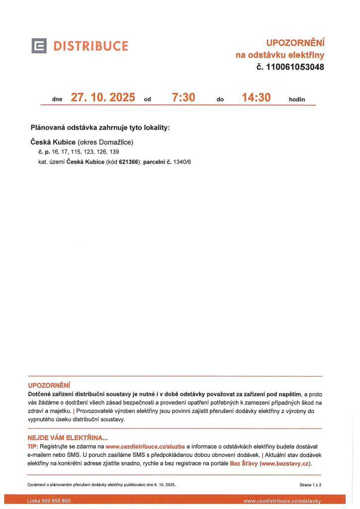 Přerušení dodávky el. energie dne 27.10.2025
