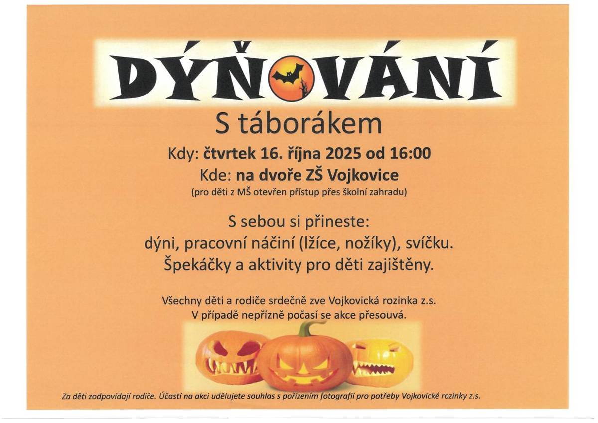 Vojkovická rozinka z.s. zve na DÝŇOVÁNÍ s táborákem, které se uskuteční ve čtvrtek 16. 10. 2025 od 16:00 hodin na dvoře  Základní školy Vojkovice.