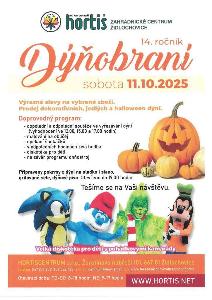 Zahradnické centrum Židlochovice zve na 14. ročník Dýňobraní, které se uskuteční v sobotu 11. 10. 2025.