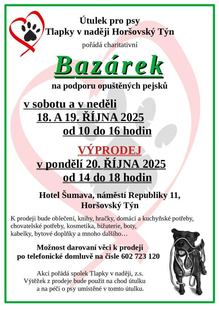 Útulek pro psy Tlapky v naději Horšovský Týn pořádá charitativní Bazárek