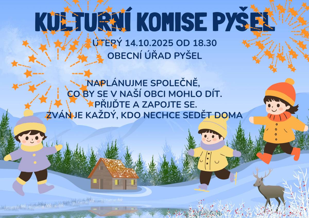 Zima klepe na dveře, tak nastává čas se společně domluvit. Jak si společně zimní dny zpříjemnit. Přijďte pomocí naplánovat zimní akce na obecní úřad v úterý 14.10.2025 v 18:30