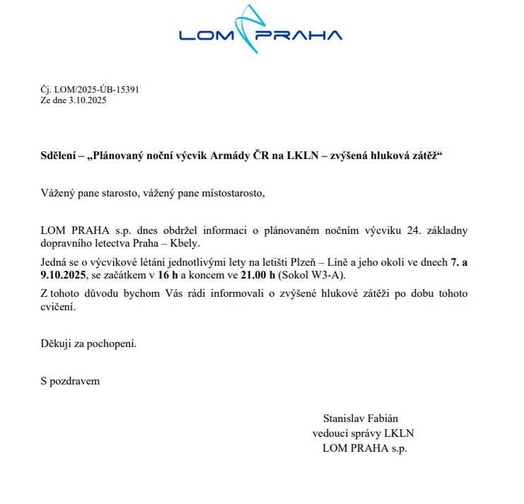 Výcvikové létání jednotlivými lety na letišti Plzeň – Líně se bude konat dne 7. a 9. 10. 2025