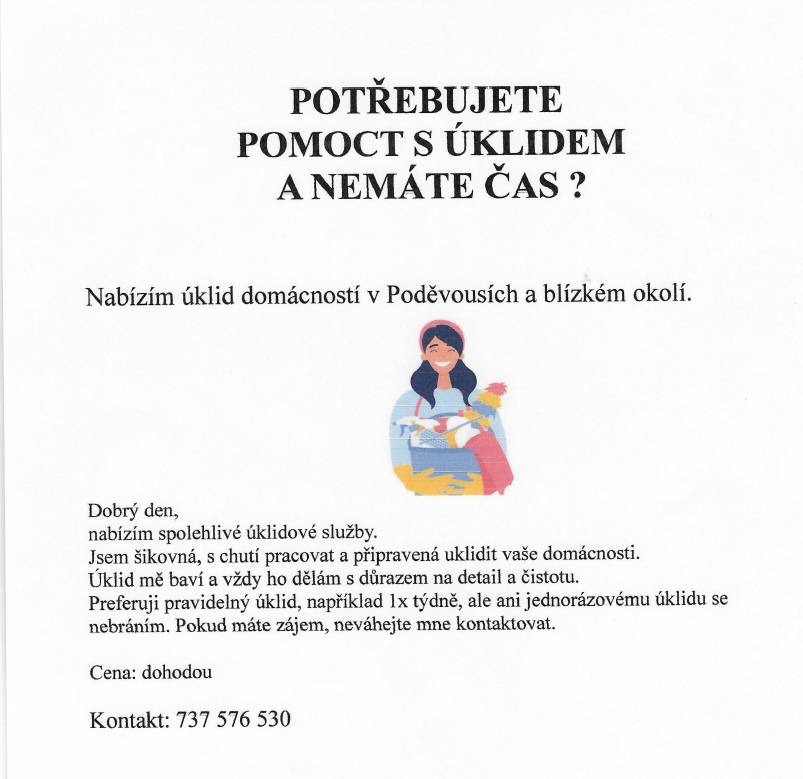 Nabízím úklid domácnosti v Poděvousích a blízkém okolí.  Cena: dohodou  Kontakt: 737 576 530