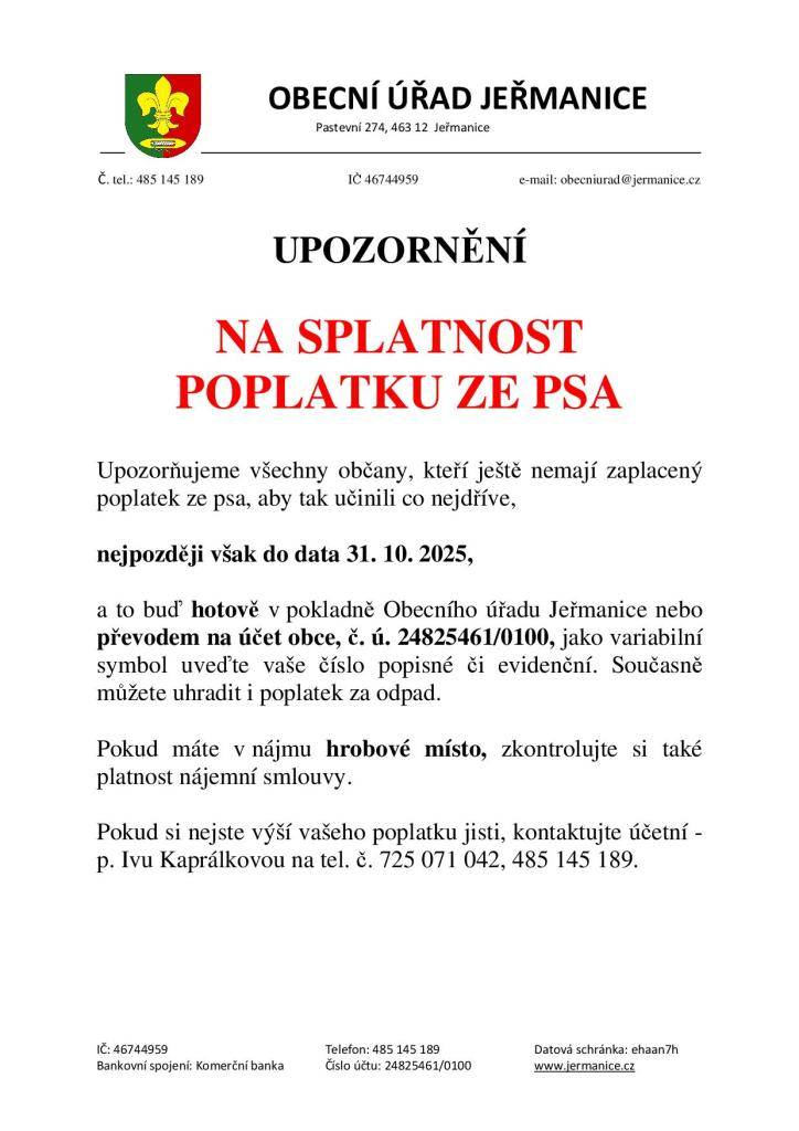 Upozornění na splatnost poplatku ze psa - splatnost poplatku do 31.10.2025