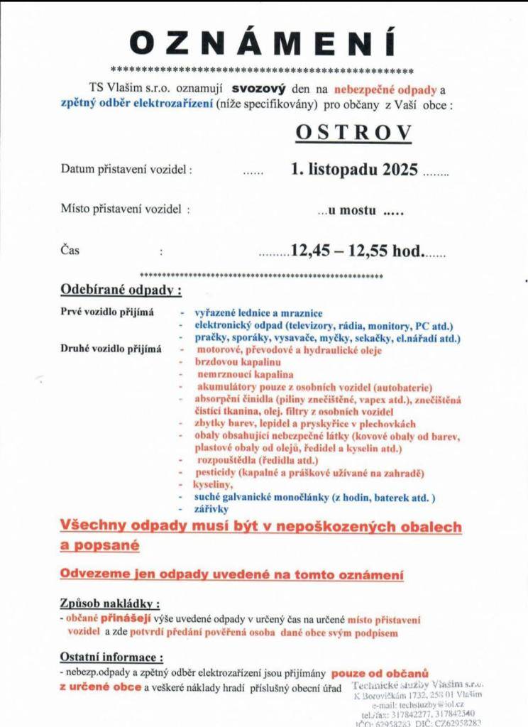 Svoz nebezpečného odpadu 1.11. 12:45-12:55