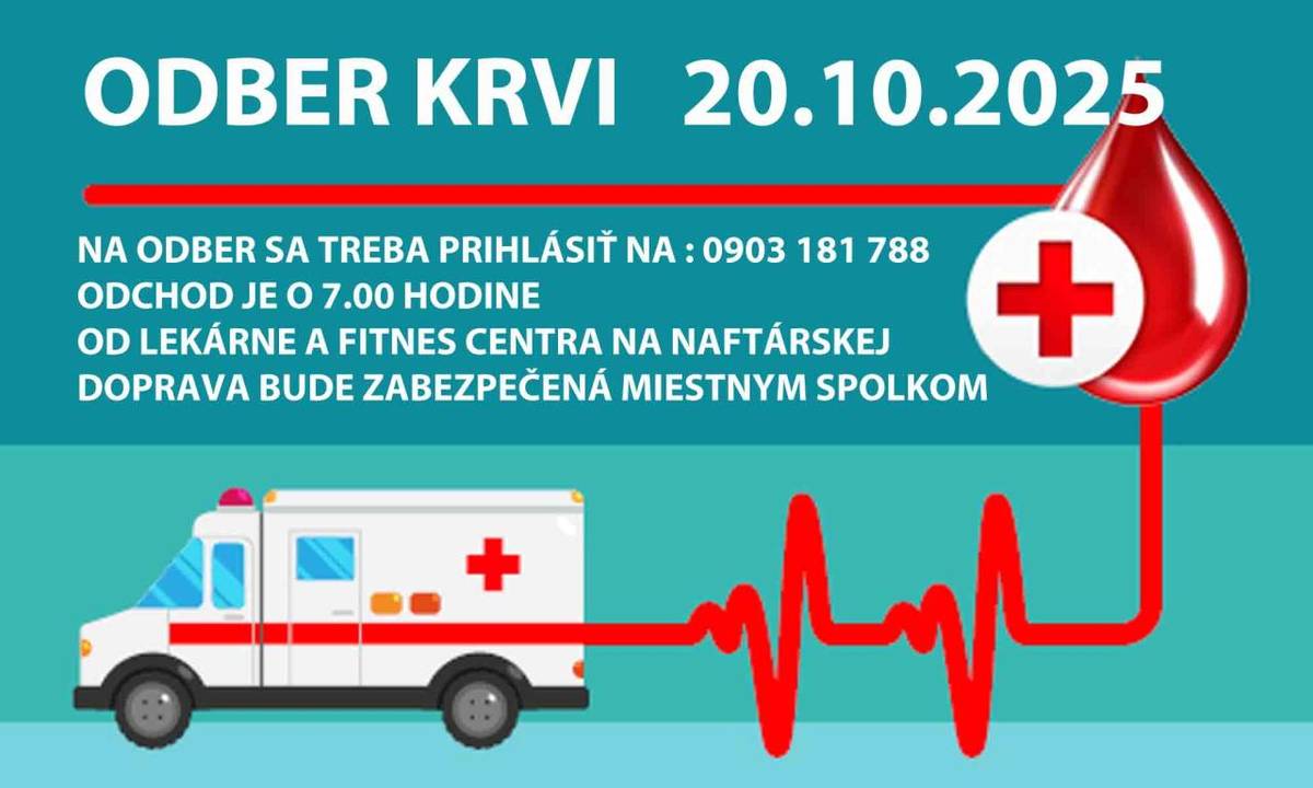 Miestny spolok SČK Gbely pozýva všetkých darcov krvi aj prvodarcov na spoločný odber krvi, ktorý sa uskutoční v pondelok 20. októbra 2025.