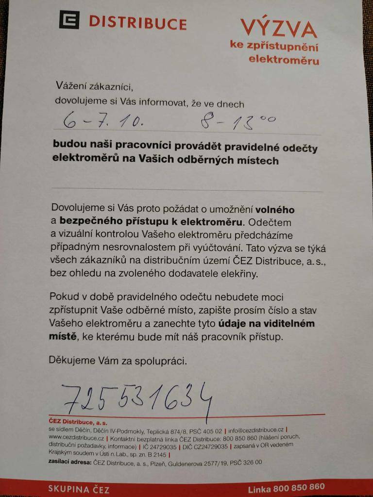 v obci proběhne odečet stavu elektroměrů