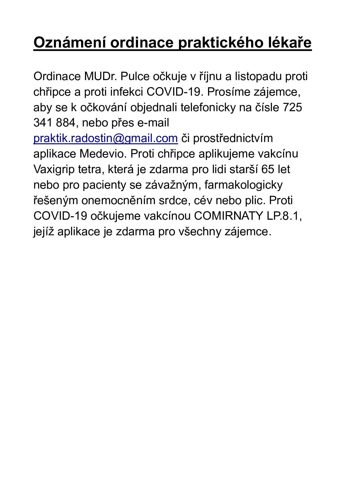 Ordinace MUDr.Pulce očkuje od října proti chřipce.
